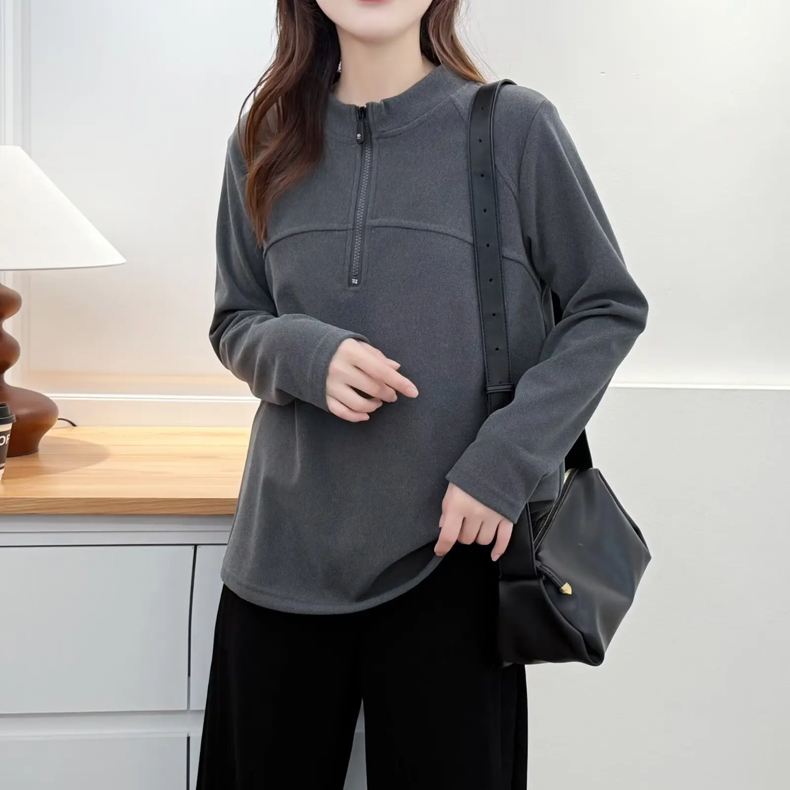 XXXXL Fashion Plus Size Women's T-Shirt New Wear For Autumn And Winter Casual half-open-neck Long Sleeved Base Warm Tops 2548