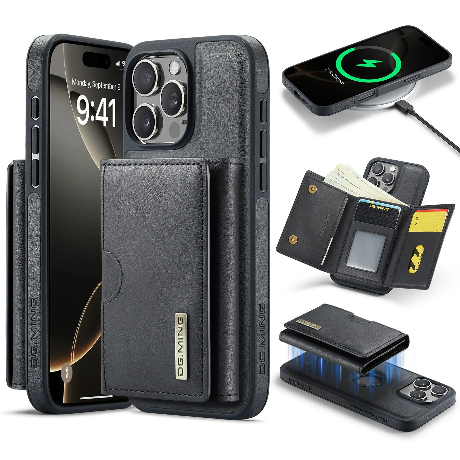 Magnetic Leather Detachable Wallet Phone Case with Wireless Charging and Card Slots