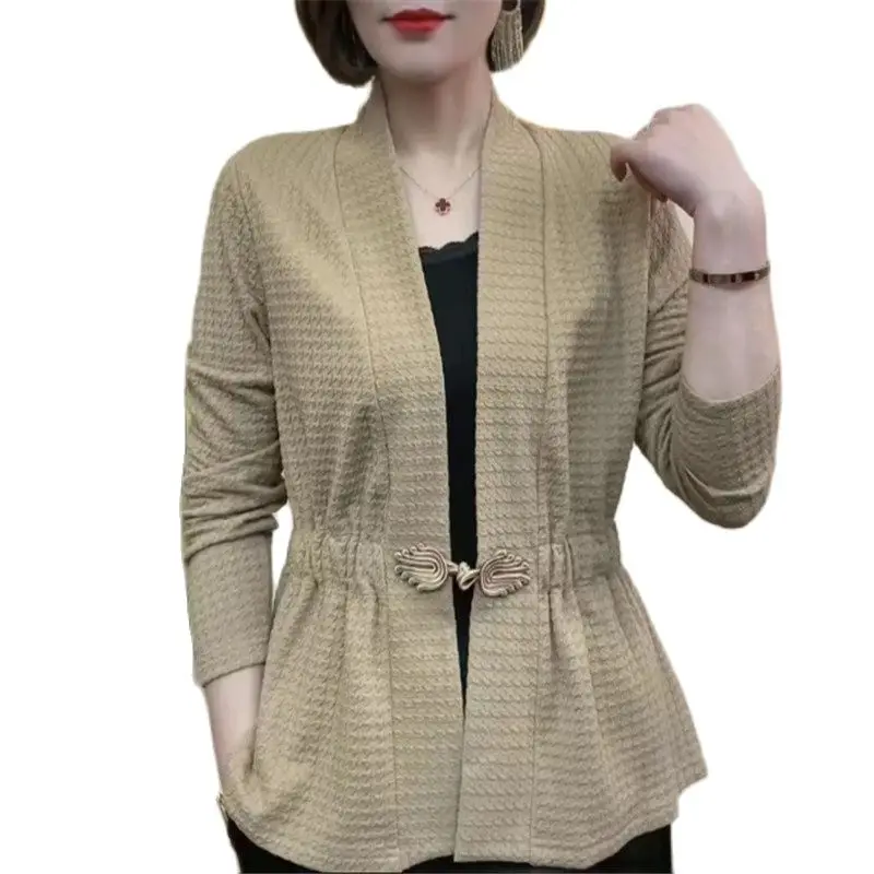 

Женская свободная куртка с V-образным вырезом, тонкий кардиган с длинным рукавом и пряжкой, однотонная верхняя одежда, весна-лето 2023