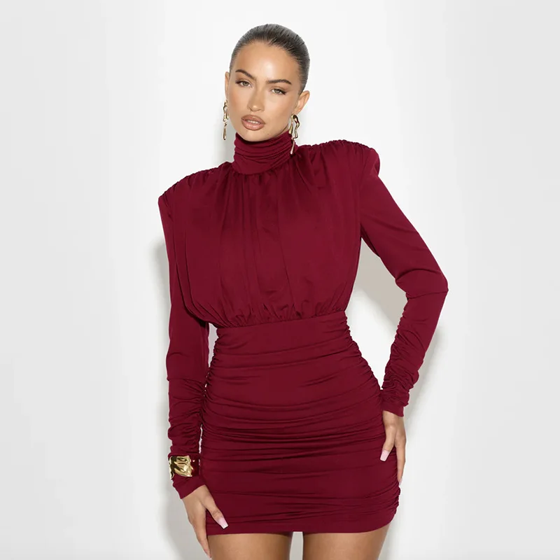 Pleated High Waist Slim Mini Dress Female Fashion Long Sleeve Patchwork Elegant Commute Dress Ladies Solid Autumn Dress