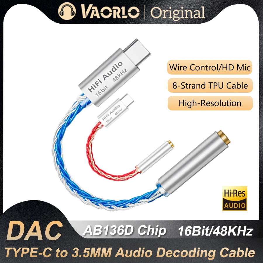 Headphone Amplifier Cable VAOLRO AB136D USB Type-C to 3.5mm 16Bit/48KHz HiFi Audio Decoder IEM AMP Mobile Phone Adapter DAC Chip