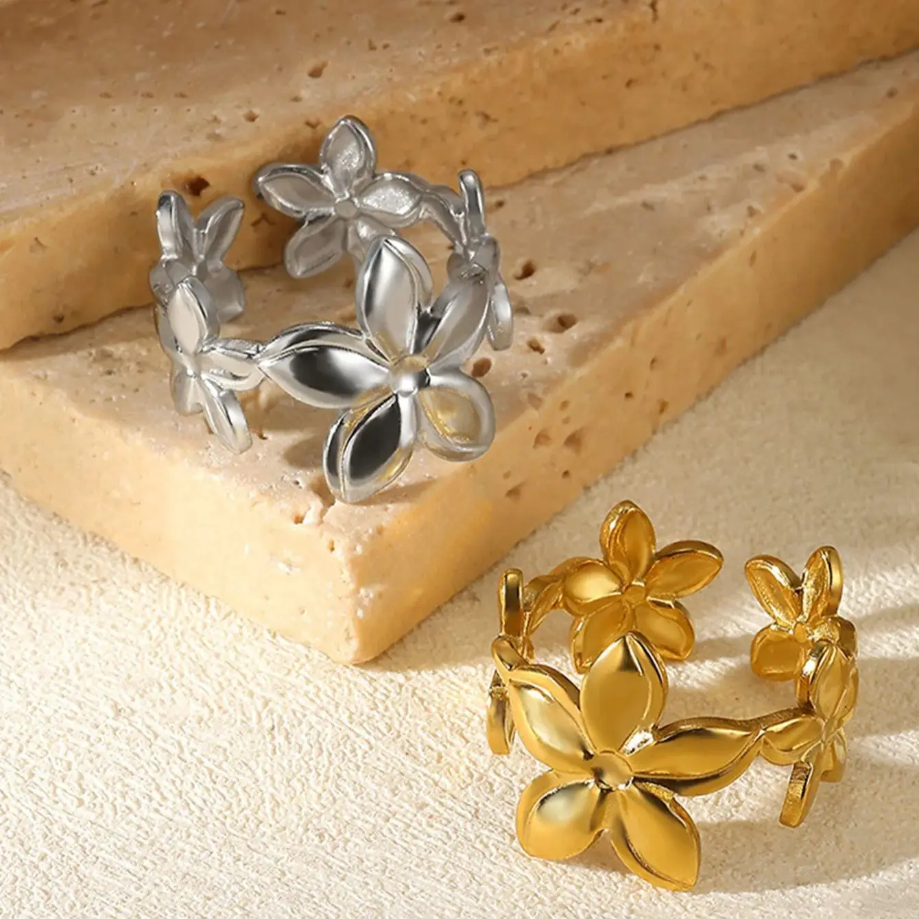 Geometric Stainless Steel Flower Opening Ring Gold Color Jewelry Gift For Women