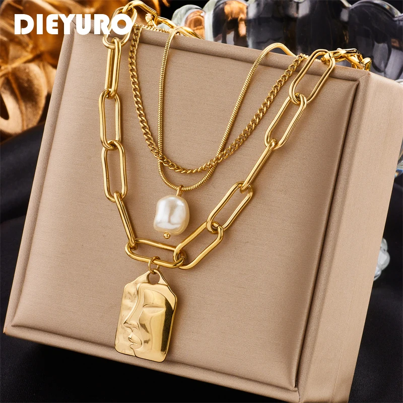 DIEYURO 316L Acero inoxidable 3 capas perla cuadrado retrato colgante collar para mujeres Punk calle tendencia cadena cuello joyería regalo
