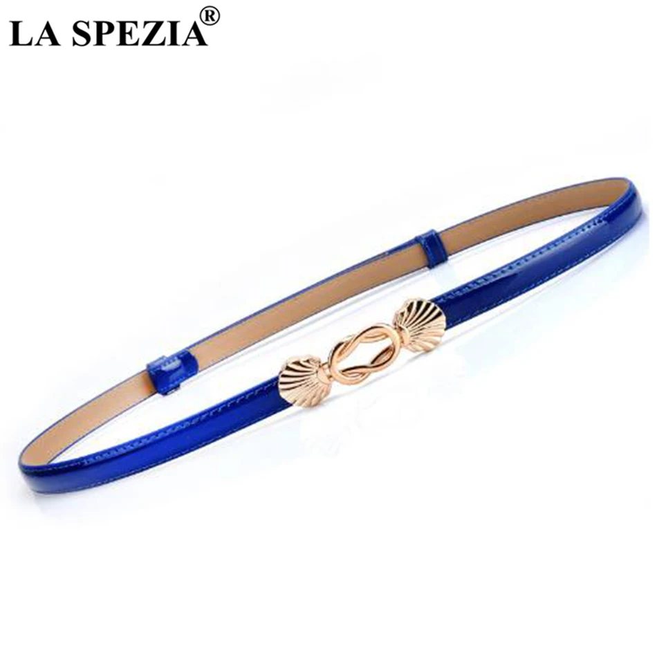 LA SPEZIA Thin Women Belt Double Buckle Blue Ladies Dress Belts Fashion Real Leather Cowskin Female Brand Narrow Waist Belts metal elastic gold eight characters elastic girls ladies s belts women narrow female elegant waistbands waist decorate for dress