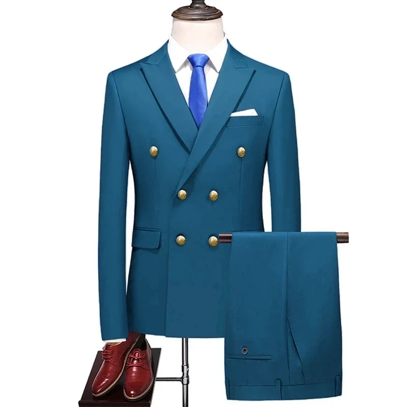 2 Pcs Set Gold Button Blazers Jacket Pants / Fashion Men's Casual Boutique Business Solid Color Suit Coat Trousers mens suit