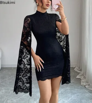 Eleganti Mini Abiti da Donna alla Moda con Colletto in Pizzo, Spacco e Maniche Lunghe, Vestito Aderente Sexy per Feste in Discoteca, Balli di Gala e Serate Eleganti