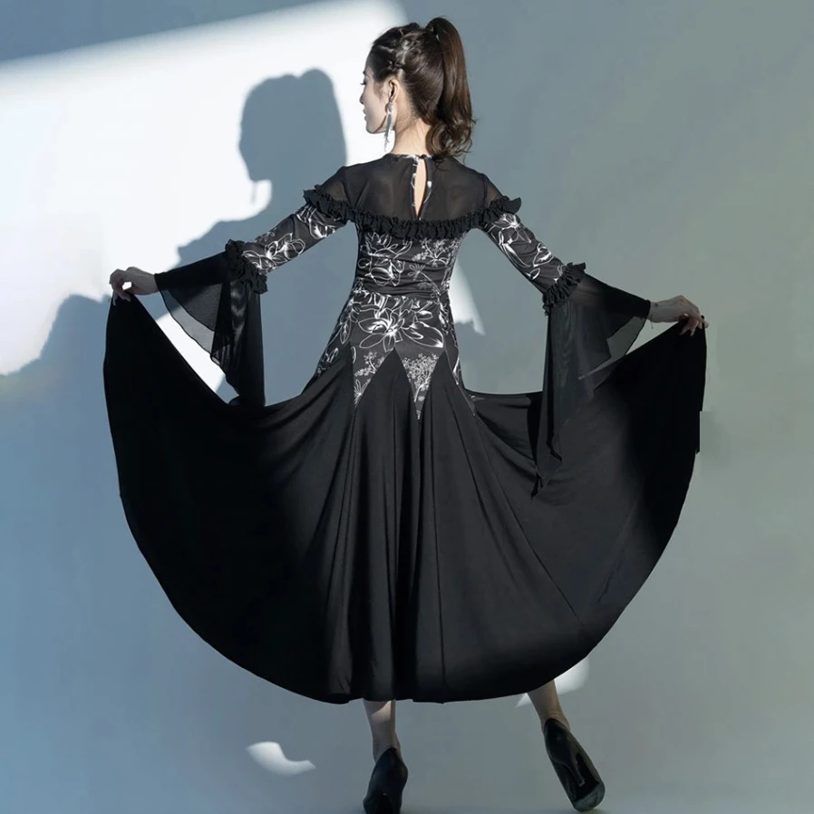 Green Black Bell Sleeve Ballroom Dance Performance Dress For Adult Women Female Expansion Skirts Tango Waltz Dress