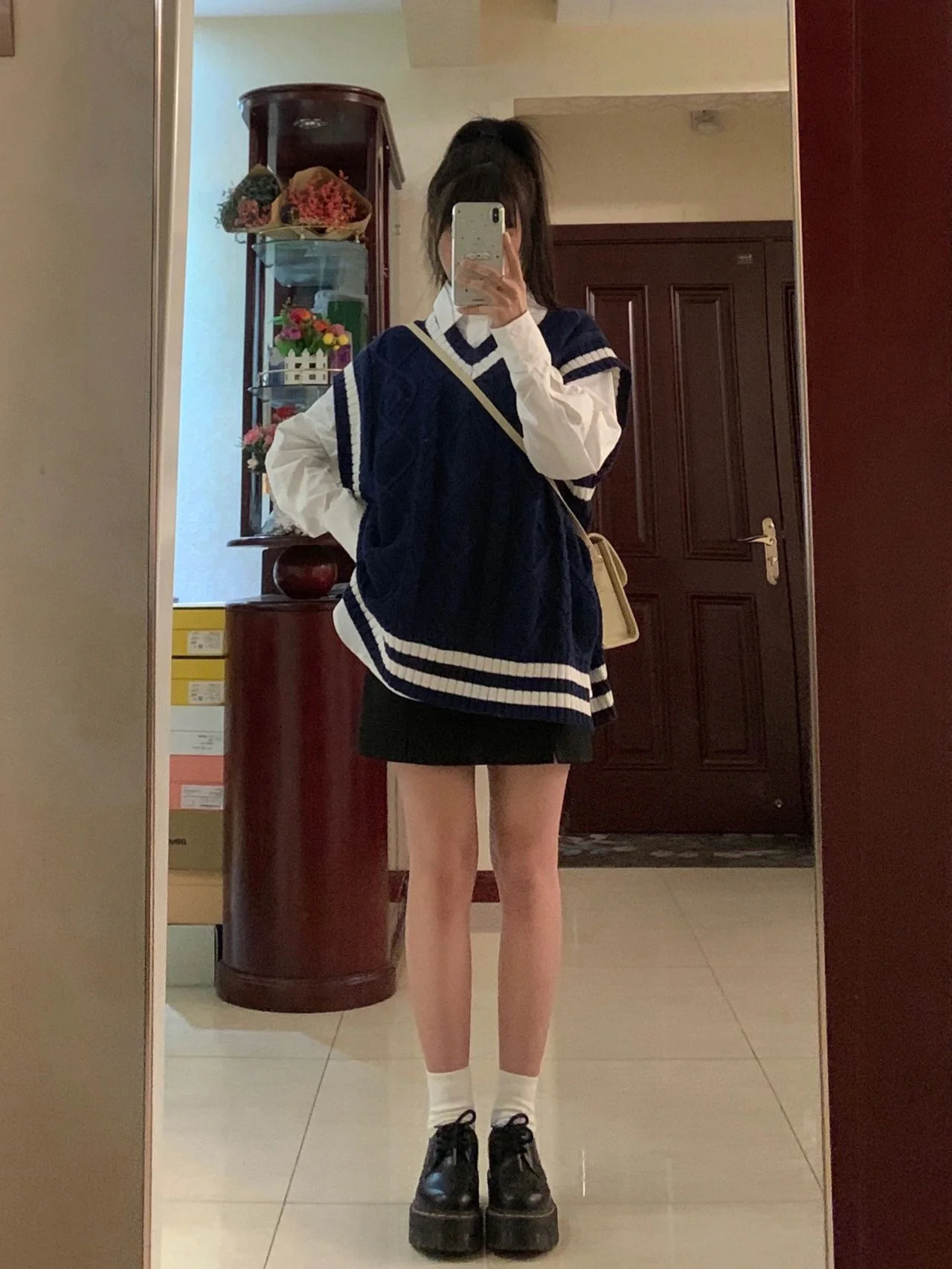 여성용 초가을 진한 파란색 v 넥 니트 조끼, 새로운 프레피 스타일 일본식 야외 작은 조끼 상의 2022
