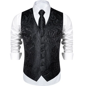 Men's Black Solid Paisley Suit Vest with Necktie Bow Tie Handkerchief Cufflinks Formal Waistcoat for Wedding Prom Tuxedo 3