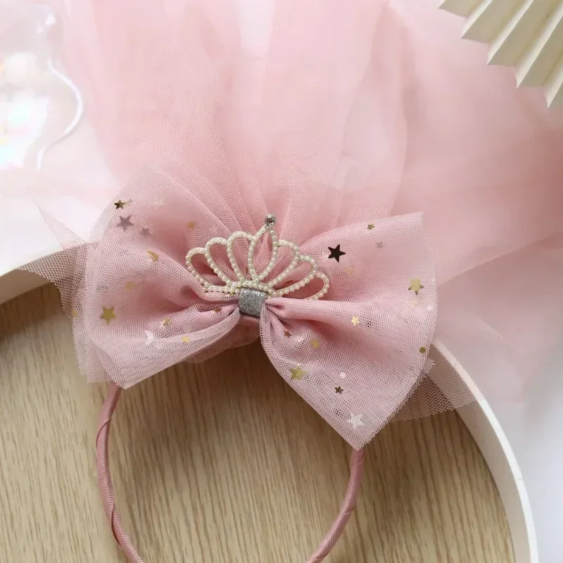 Cute Princess Hairbands for Toddler Girls Retro Veil Bowknot Crown Pearl Hair Hoop Birthday Party Headdress Kids Headwear 6
