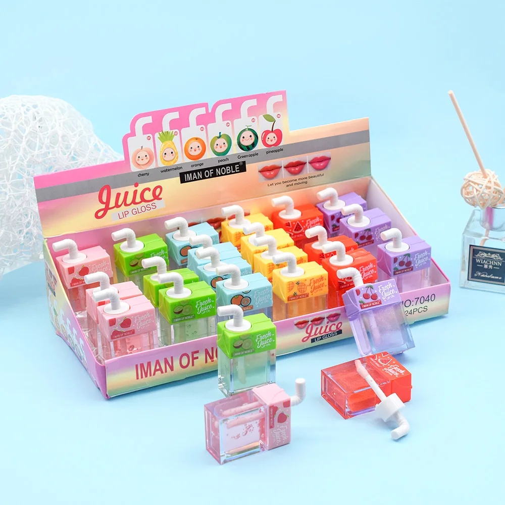 24PcsCuteFruityJuiceBoxLipGlossSetMoisturizingLonglastingLip