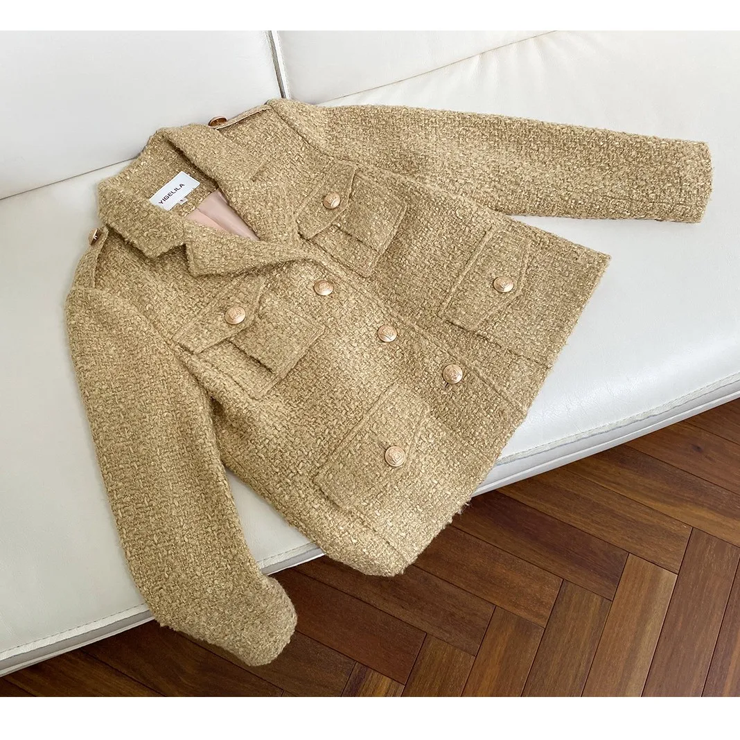 2023 Spring Autumn Chic Women's High Quality 50%Wool Tweed Jackets Elegant Pockets Short Coat B586