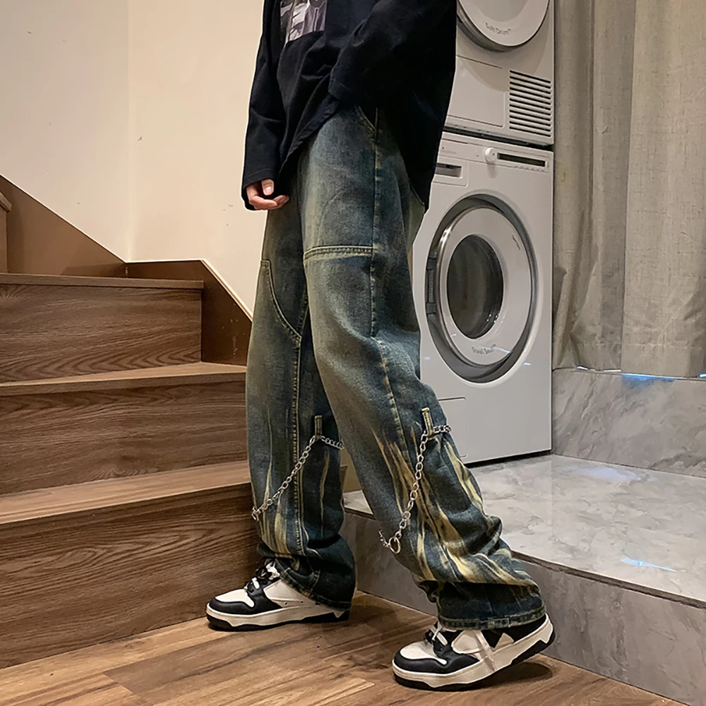

New Fashion Flare Leg Chain Jeans Men Casual Loose Baggy Trousers Denim Straight Streetwear Hophop Harem Distressed Cargo Pants