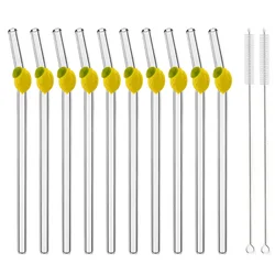 Eco - Friendly Lemon Shaped High Borosilicate Glass Drinking Straws - Set of 4 to 12 (10 straws 2 brush)