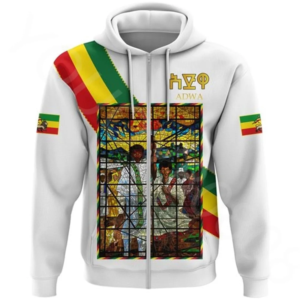 

Autumn Winter African Region Country Flag Men's Casual Sweatshirt Loose Hoodie Print Adwa Victory Ethiopia White Zip Hoodie 2022