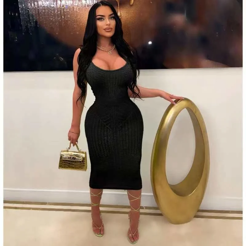 

Zoctuo Autumn Sleeveless Bodycon Green Midi Dress Knit Hollow Out Slim Tank Dresses Sexy Backless Party Vestidos Beach Vacation