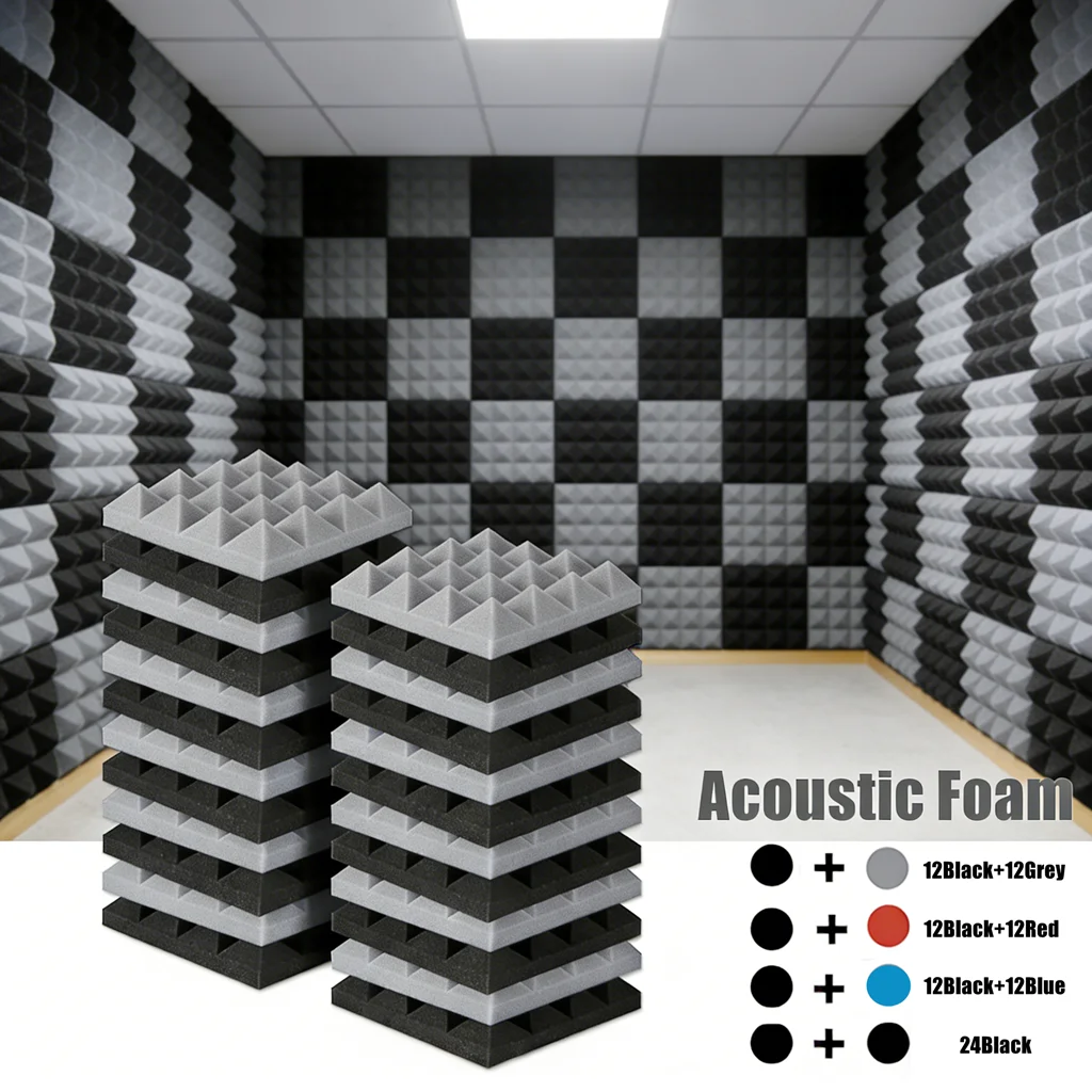 แผ่นโฟมซับเสียงรูปทรงปิรามิด 24 ชิ้น ขนาด 25x25x5 ซม. สำหรับห้องสตูดิโอ ป้องกันเสียงรบกวน 12 สีดำ 12 สีเทา 1