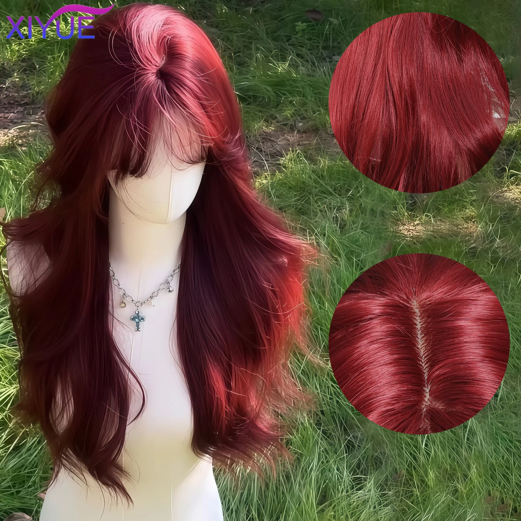 XIYUERed Synthetic Wigs Long Body Wavy Wig Natural Hairline Daily Red Hair Heat Resistant Fiber Smooth Party Cosplay Wig