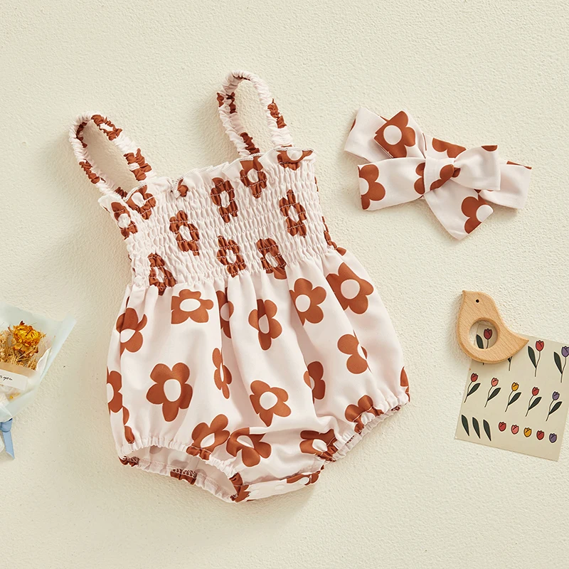 

Princess Newborn Girls Outfits Pleated Flower Print Sleeveless Romper Jumpsuits with Hairband Summer Casual Clothes
