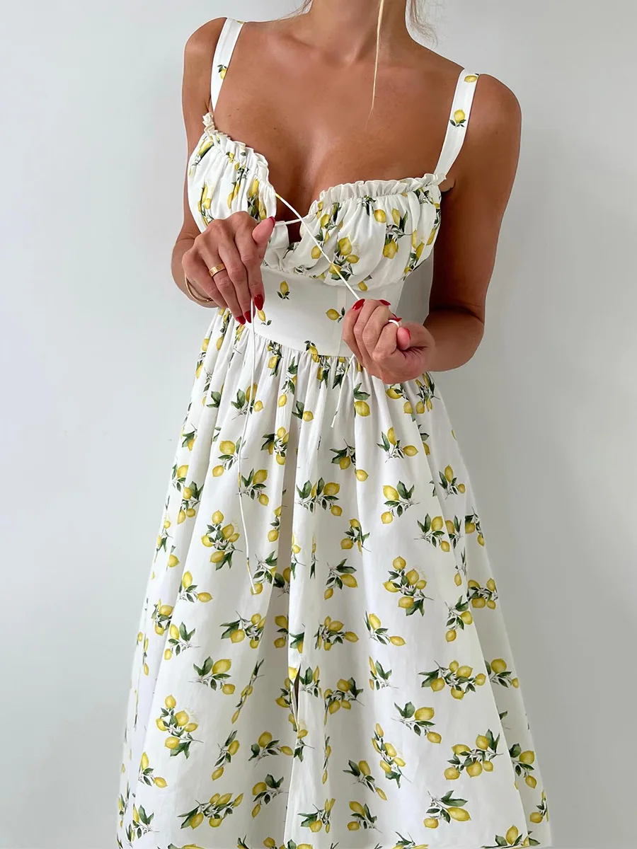 Bornladies 2025 Summer New Printing Cami Dress High Waist Slit Lemon Print Maxi Dress Vacation Long Dress For Women
