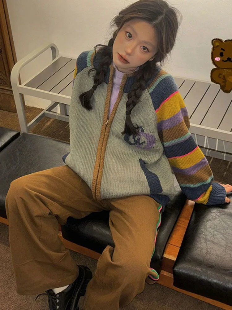 빈티지 스트라이프 가디건, Y2k 미적인 루즈 지퍼 그런지 니트 스웨터, 일본 캐주얼 스위트 레인보우 코트, 대비 색상