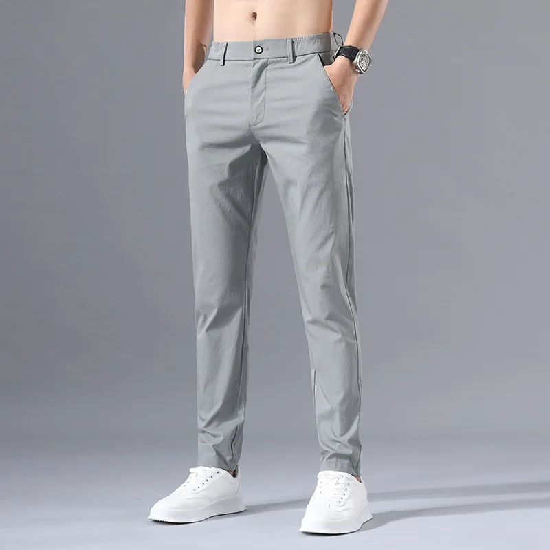 Spring and Autumn Men's Elastic Elastic Button Zipper Straight Solid Color Long Slim Fashion Elegant Casual Commuter Pants