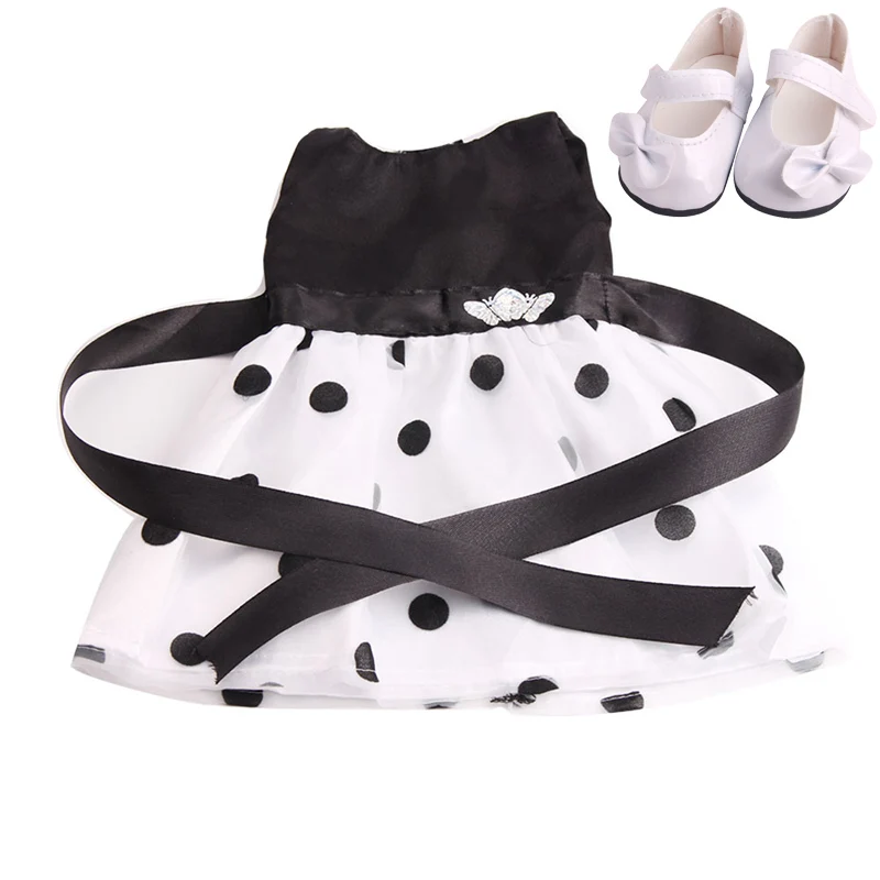 

2 Sets of Doll Clothes and Shoes White Bow Dot Printed Princess Dress Shoes Set for 43cm Reborn Doll & 18 Inch Doll Accessories