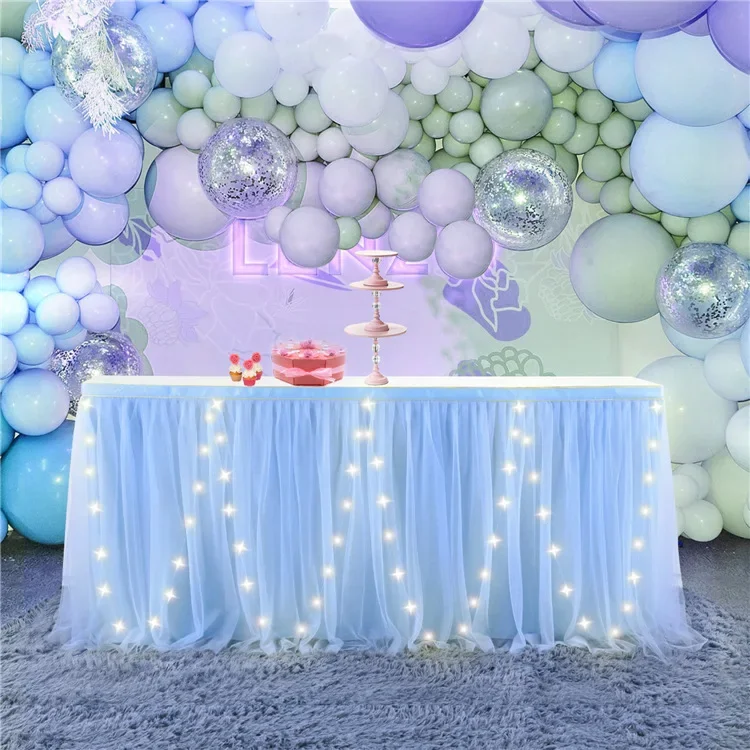 Dusty Rose Tulle Table Skirt With LED Lights – 6ft Table Cover For Baby Shower, Wedding, Birthday Party