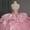 Princess Strapless Ruffles Ball Gown Quinceanera Dresses Pink 3D Flowers Sequined Lace Lace Up vestidos de quinceañera 6788 6