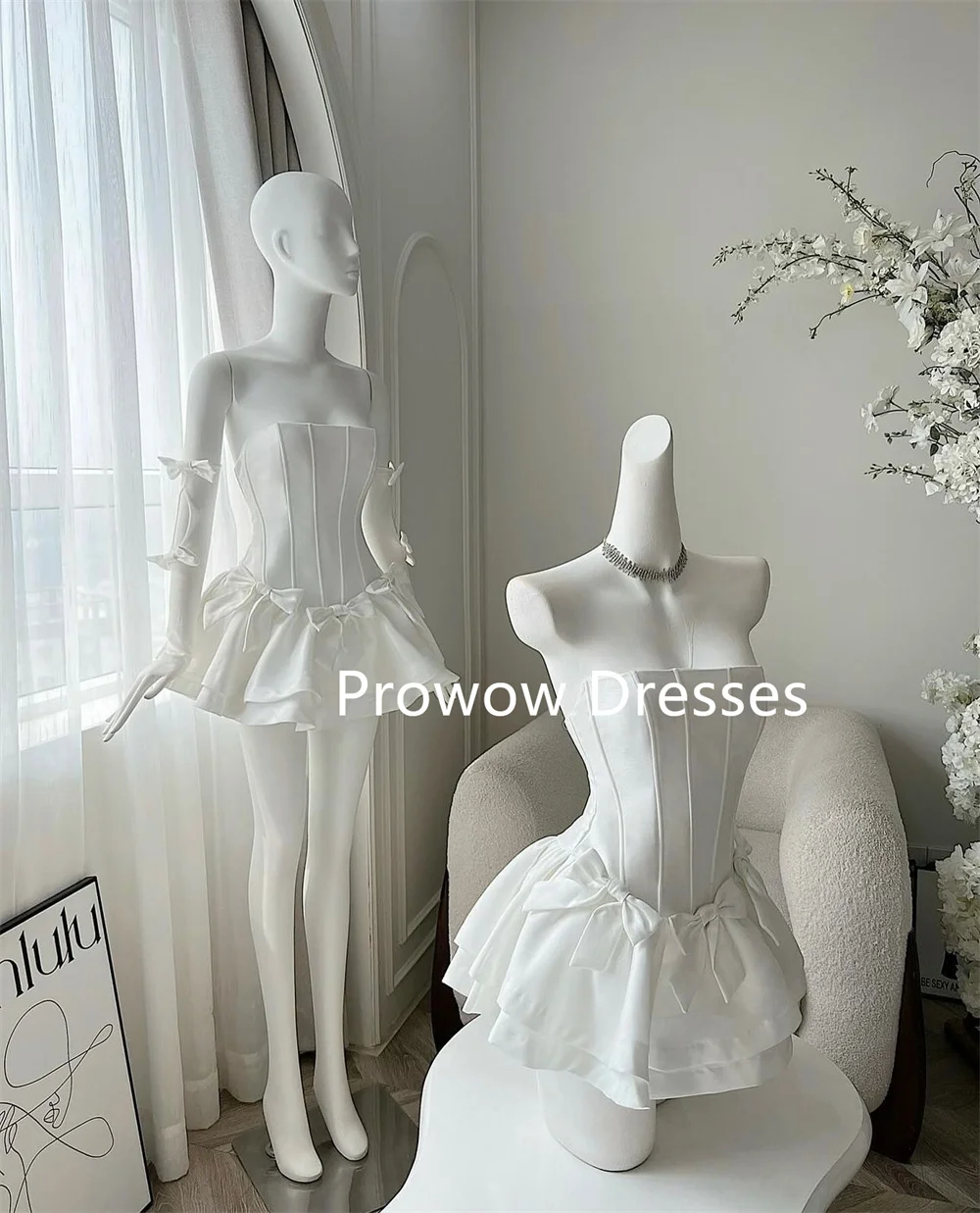 Prowow Strapless Mini Prom Cocktail Dress With Gloves A Line Wedding Party Dress Women Formal Gown