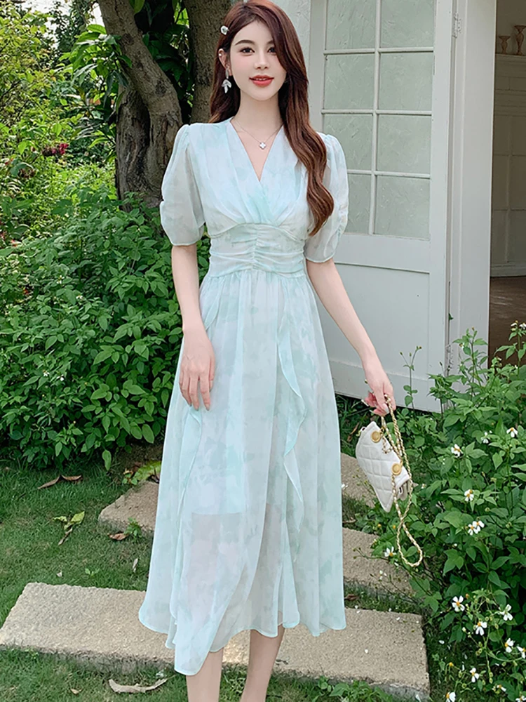 

2024 Green Print Chiffon Casual Beach Long Dress Summert Fashion Chic Ruffled Party Vestidos Women Elegant Bodycon Evening Dress