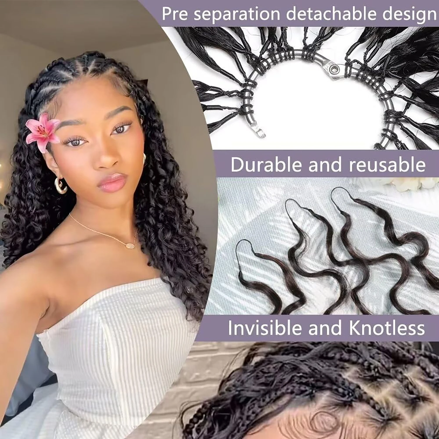 Extensioni per capelli sintetiche a onda profonda senza nodi, con riccioli invisibili pre-separati, tipo Pixie, per trecce all'uncinetto - immagine 4