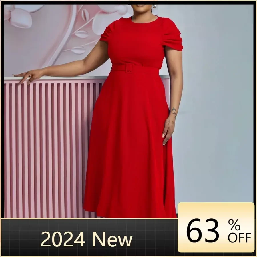 

2024 New S-3XL Women O-Neck Half Sleeve Solid Color Office LadyTall Waist Mid-Calf Length Pleated Dresses