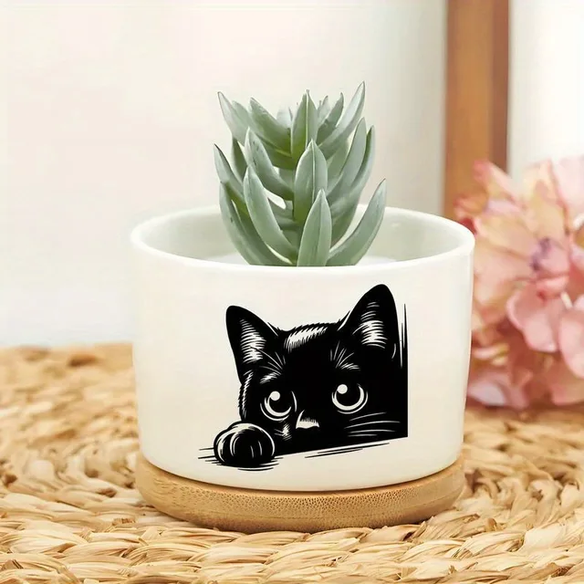 Black Cat Patterned Ceramic Flowerpot with Tray for Home Office Decor Gift for Plant Lovers Family Friend (excluding Plants) 4
