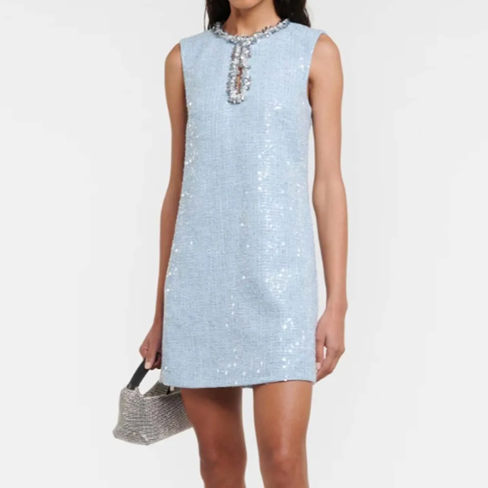 

Spring 2024 New Women's Dress Y2k Misty Blue Tweed Heavy Diamante Sequins Decoration Hollowed Out Round Neck Sleeveless Dresses