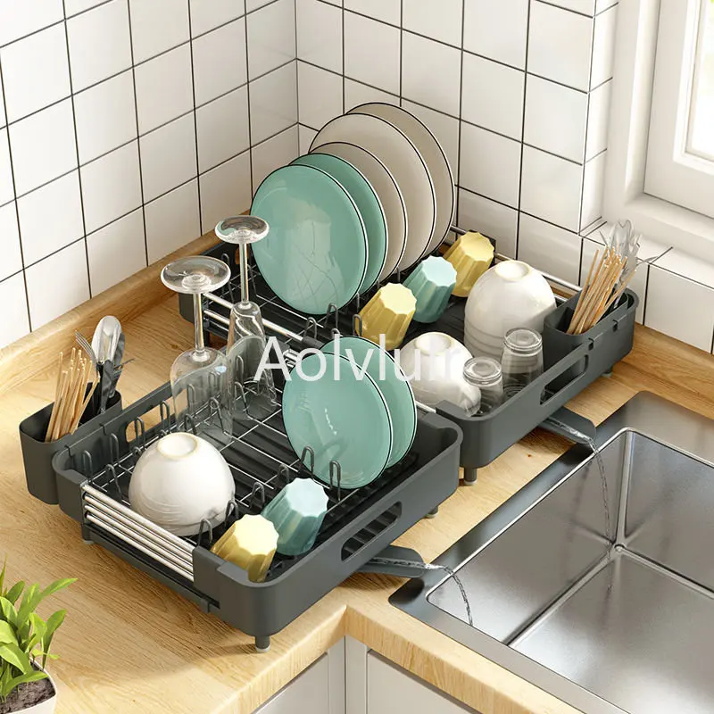 Stainless Steel Dish Drying Rack Adjustable Kitchen Plates Organizer with  Drainboard Over Sink Countertop Cutlery Storage Holder - AliExpress