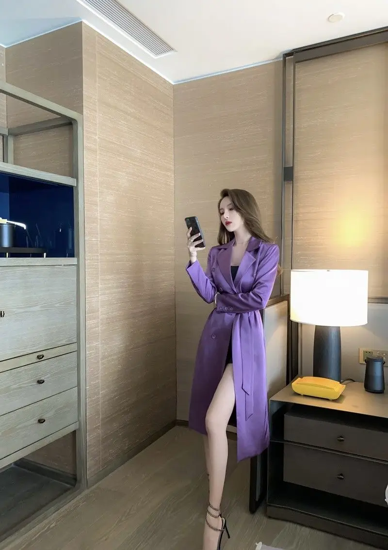 Women'S Spring And Autumn New Double Breasted Lace-Up Draped French Fashion Mid-Length Coat