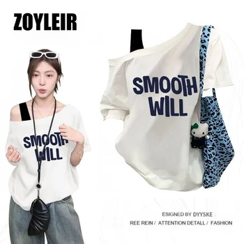 Elegant Summer One Shoulder T Shirt Women Fake Two-piece Oversize Graphic T Shirts Short Sleeve Off Shoulder Top Sport Casual 1