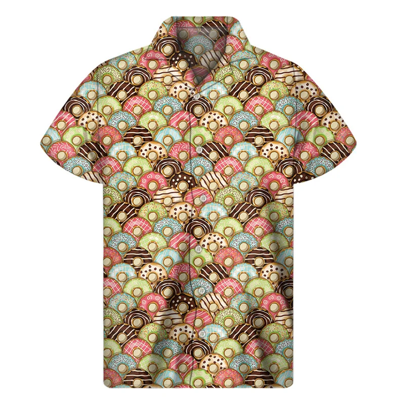 thumbnail image 1 of Camisa con estampado 3D de galletas y donas de chocolate para hombre, camisas hawaianas de verano, blusa hawaiana con solapa de calle, botones, mangas cortas, 1 of 5