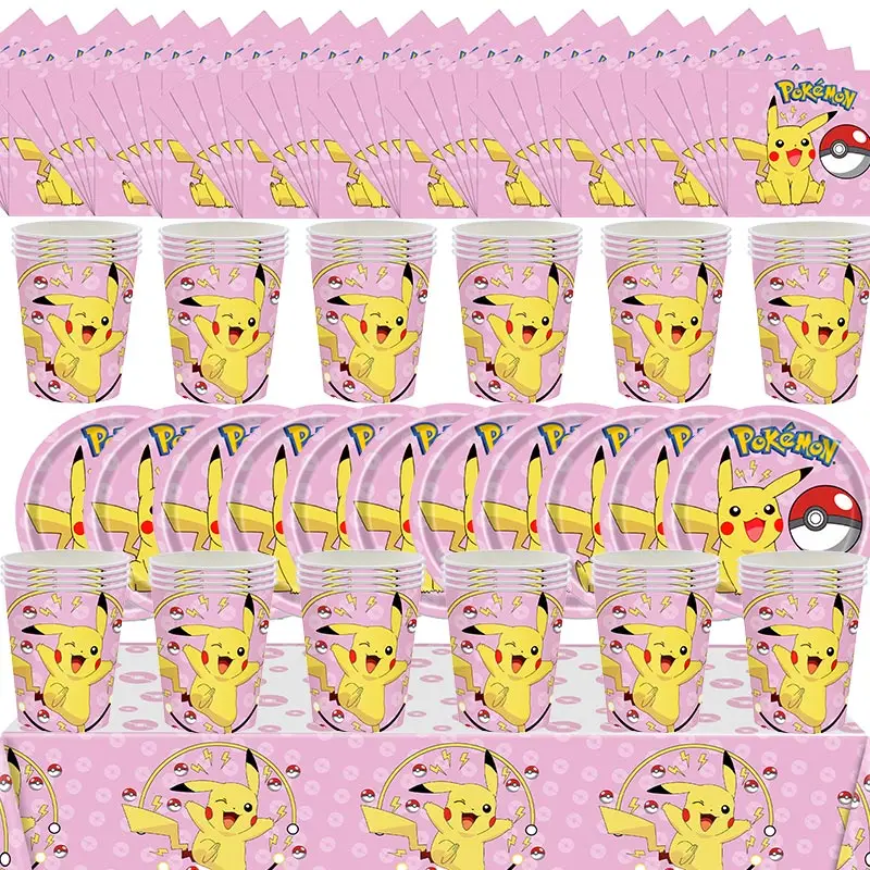 Rosa pokemon pikachu festa de aniversário decoração tema pokemon utensílios  de mesa placa de papel copo crianças menino menina festa de aniversário  suprimentos - AliExpress