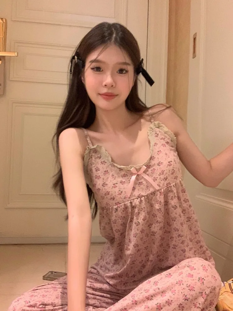 달콤한 꽃 프린트 투피스 잠옷 캐주얼 반팔 긴 바지 여성용 가정 의류 여름 세트 v 넥 폴리 에스터 원단