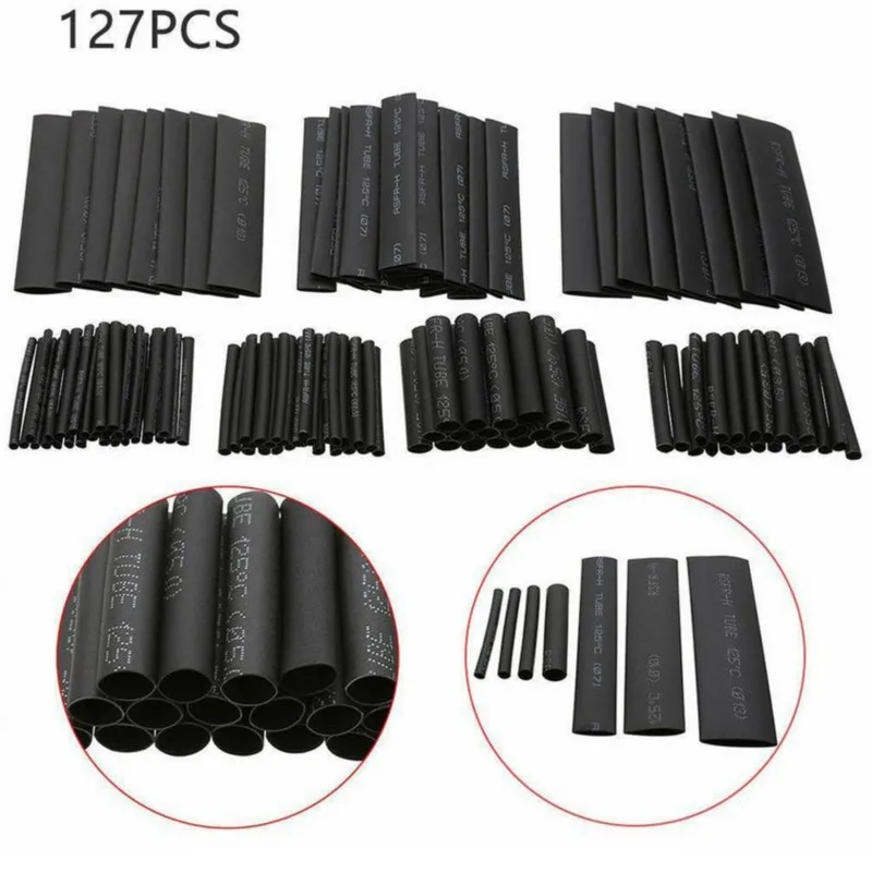 127pcs Black 7 Sizes Assorted Bagged Flame-Retardant Heat Shrinkable Tube Combination Sets Car Accessories