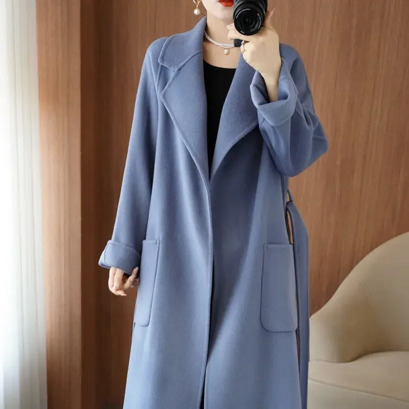 2023 Autumn Winter New Double-Sided Cashmere Coat Female Temperament Loose Large Size Long Woolen Outwear Fashion Casual Outcoat