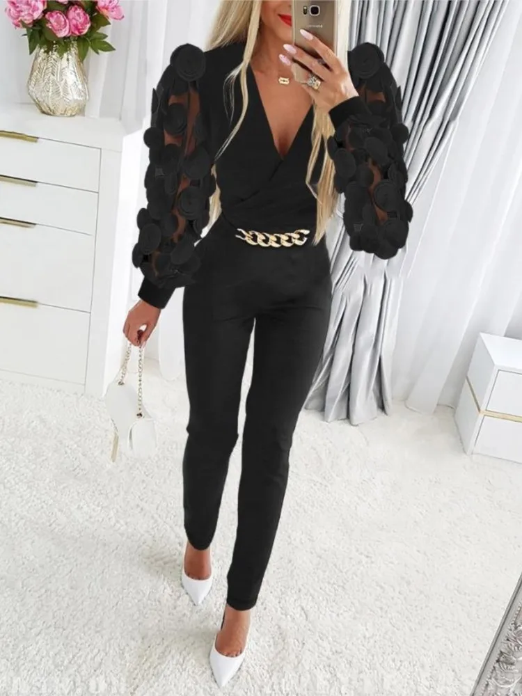 Elegant Flower Embroidery Jumpsuits Women 2024 Spring Mesh Sleeve Chain Decorate High Waist Ladies Jumpsuit V Neck Sexy Bodysuit