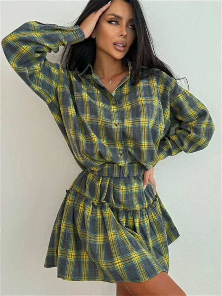 Female 2 Piece-Set Pleated Skirts Fashion Contrast Lapel High Waist Spring 2025 Shirts Outfits Women's Mini Skirt Sets New