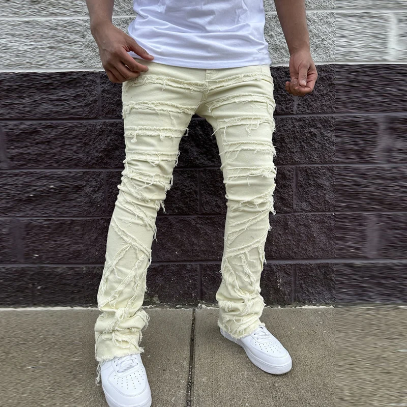 

Fashion Stitch Tassel Style Straight Denim Pant Men Hip Hop Clothing Slim Solid Elastic Jean Trousers Streetwear Y2K Mens Jeans