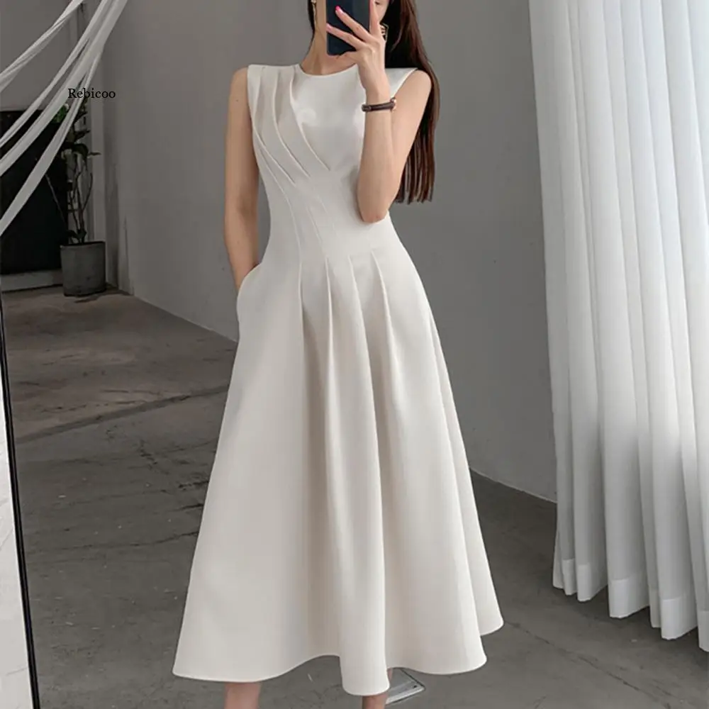 

Summer Elegant Women Sleeveless Long Dress Casual France Party Midi Dress Korea Ladies Slim Waist Office Dress 2022 New