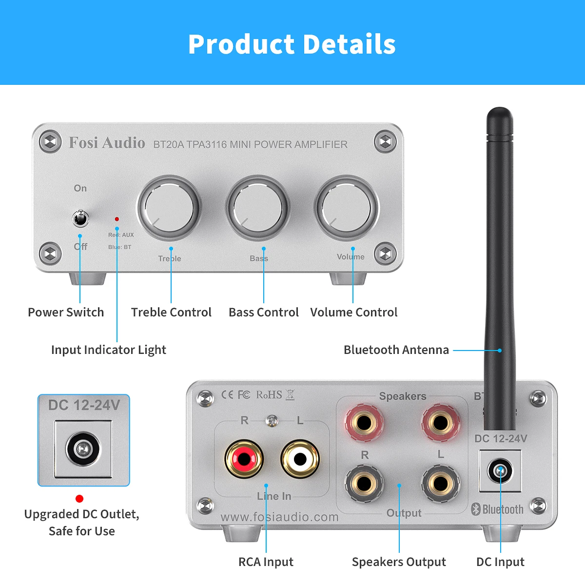 Fosi Audio BT20A Bluetooth TPA3116D2サウンドパワーアンプ100Wミニ