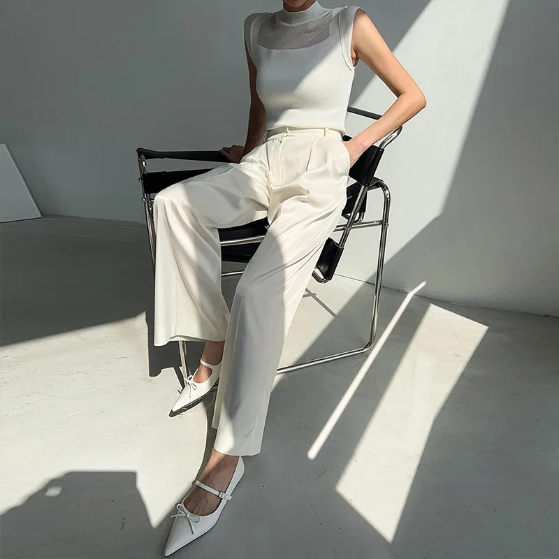 Satin Ice Silk Wide-Leg Pants Women's 2023 New Summer Thin Chiffon Cuprammonuium Narrow Board Straight Suit Pants