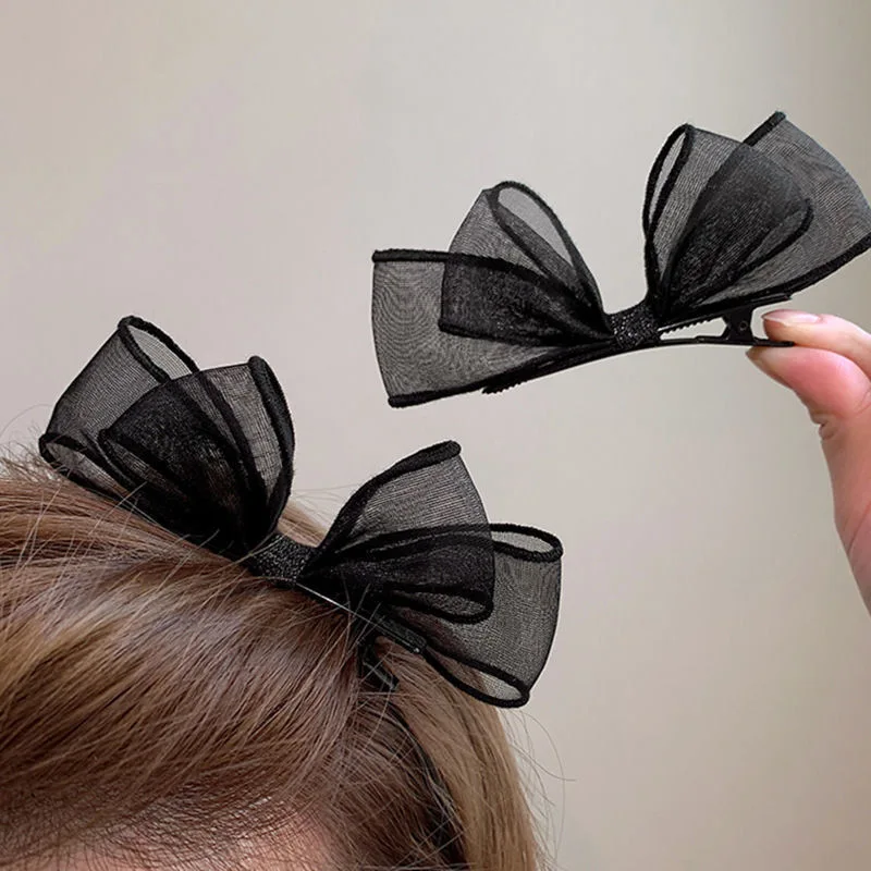 2 Stück Hochwertige Entenschnabel-Haarspangen, Seitenclips, Haarschmuck, Ins-Stil, Schwarzes Netz, Schleife, Haarklammer, Damen